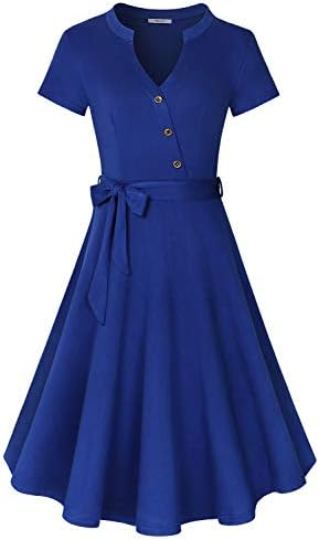 Diphi LiLi Women's V Neck Long/Short Sleeve Button Decoration Plaid Swing Dress