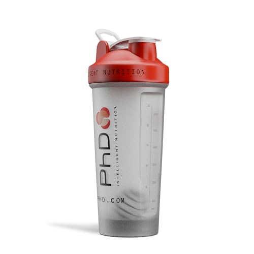 PhD Nutrition Mixball Shaker, Shaker for Protein Shakes, Wire Mixball Whisk, Red Non-Drip Screw Lid, Transparent Colour, 600 ml