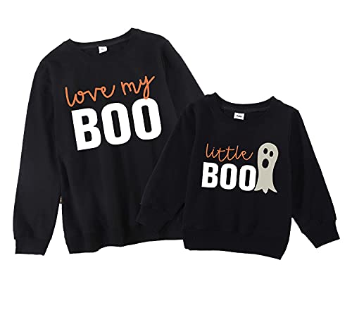 Noubeau Mommy and Me Family Matching Sweatshirt Halloween Outfits for Women and Kids Pumpkin Ghost Long Sleeve Pullover Tops(Boo- Love My Women,X-Large)