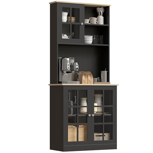 HOMCOM Küchenschrank, 182,9 cm, freistehender Schrank mit Stall, großer Arbeitsplatte, Glastüren und verstellbaren Regalen für Esszimmer, Schwarz