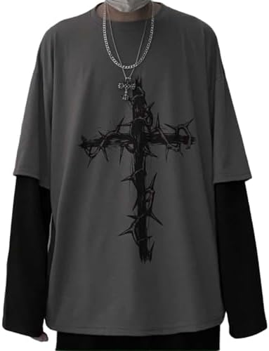 MLAFE Goth Long Sleeve Top Y2K Thorn Cross Print T-shirt Large