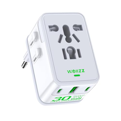Travel Adapter, Worldwide Universal Charger with European Plug GAN 30W, 4 Ports (1 AC, 1 USB-A, 2 USB-C), for USA, Europe, UK, Australia, Japan, White