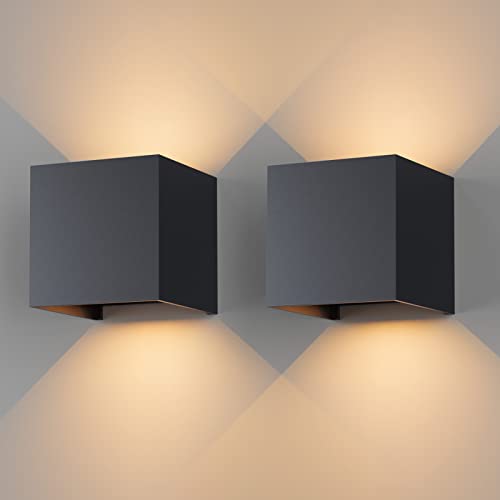 Klighten 2 Stück LED Wandleuchten Innen/Außen 12W Aussenlampe Auf und ab Einstellbarer Lichtstrahl, 3000K Warmweiß Außenwandleuchte IP65 für Wohnzimme