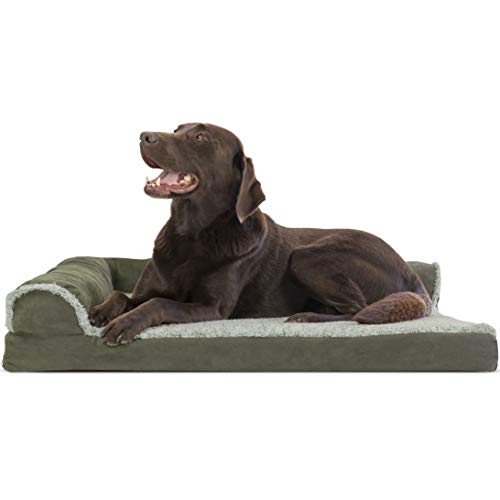 Furhaven Pet Dog Bed | Deluxe Orthopedic Two-Tone Plush Faux Fur & Suede L Shaped Chaise Lounge Living Room Corner Couch Pet Bed w/ Removable Cover for Dogs & Cats, Dark Sage, Large