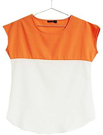 Prettyever Stylish Women's Chiffon Two-Color Stitching Loose Short-Sleeved Color Matching,Orange + Rice White,M