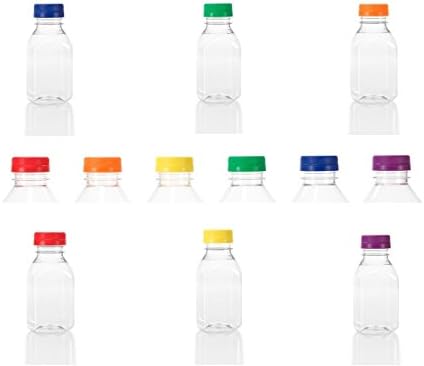 (6) 8 oz. Clear Food Grade Square Plastic Juice Bottles with 6 Mixed Colored Tamper Evident Caps 6/Pack