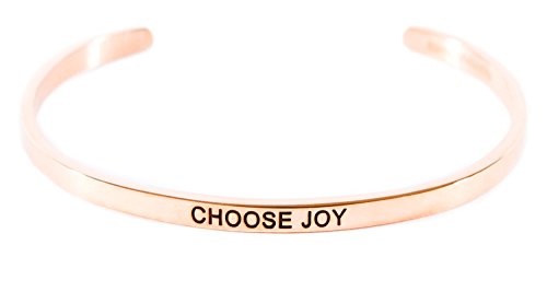 Simply Mantra Inspirational Adjustable Cuff Band, 20 Bracelet Phrases in Silver, Gold or Rose Gold 316 L Stainless Steel (CHOOSE JOY; ROSE GOLD)
