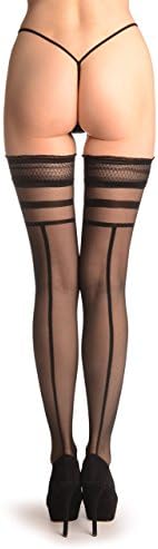 Black With Striped Top &amp; Back Seam With Matching Silicon Top - Stay Ups (Stockings)