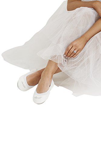 SECRET WEAPONSWhite Bride & Bridesmaid Fold Up Ballet Flats-Foldable Bridal Wedding Party Shoes with Bride & Bridesmaid Print-Cute Purse unfolds into a Tote Carry Bag