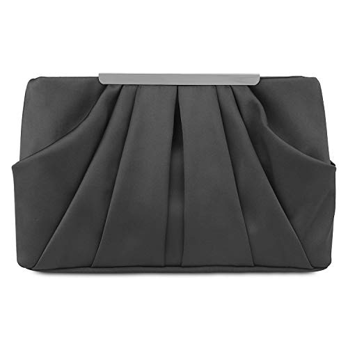 Womens Pleated Satin Evening Handbag Clutch With Detachable Chain Strap Wedding Cocktail Party Bag Black