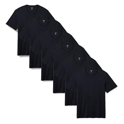 Hombre Cuello en V de manga corta de ajuste regular, Paquete de 6, Negro, M