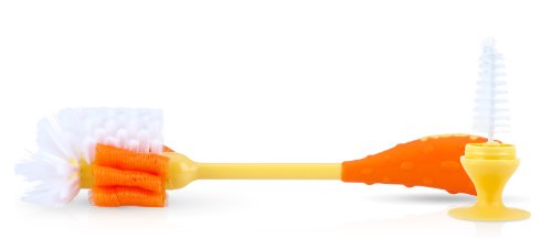 Nuby 2-in-1 Baby Bottle Brush with Stand - Soft Nylon Bristles - Dishwasher Safe - Bottle and Nipple Cleaning Tool - Aqua/White