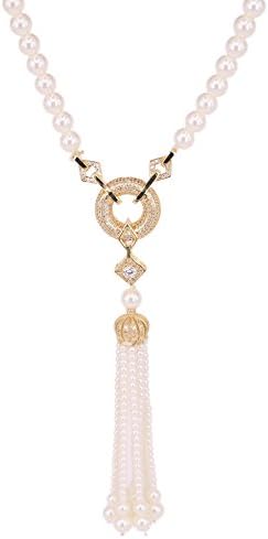 Graceful Joy Long Sweater Chain Pearl Strand Necklaces Tassel Circle and Diamond Pendant Necklace with CZ Statement Necklace