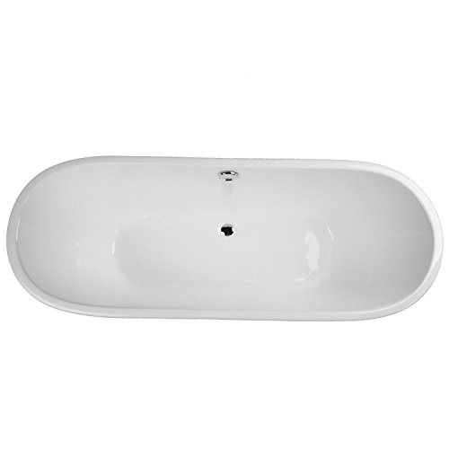 MAYKKE Woodward 67" Industrial Oval Cast Iron Bathtub | Freestanding White Bateau Tub with Gun Metal Silver Stainless Steel Skirt, Overflow, for Bathroom | cUPC Certified, Drain Included | NHA1010101