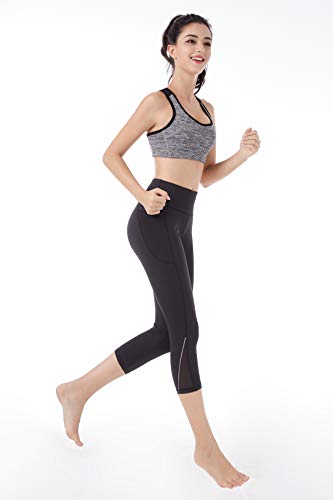 Picotee Women's Long Yoga Pants High Waist Workout Capri Leggings Running Active Tights w Side Pocket (Capri Leggings-Stripe Reflective, M)