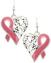 Pink Enameled Ribbon and Filigree Heart Drop Earrings [Breast Cancer Awareness]