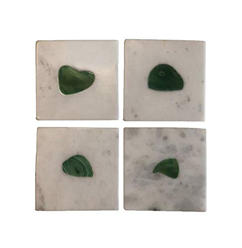The RAAVYA White Marble Square Coasters with Agate Stone Inlay | Handmade Coasters for Drinks | Coaster Set of 4 for Dining Table | Gift Item
