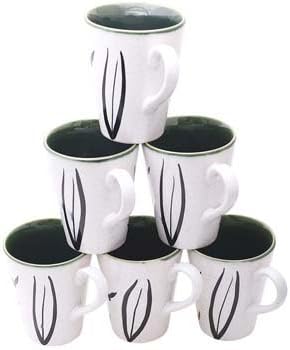Ceramic Mugs - Hand-Painted Mottled White &amp; Black with Glossy Green Interior