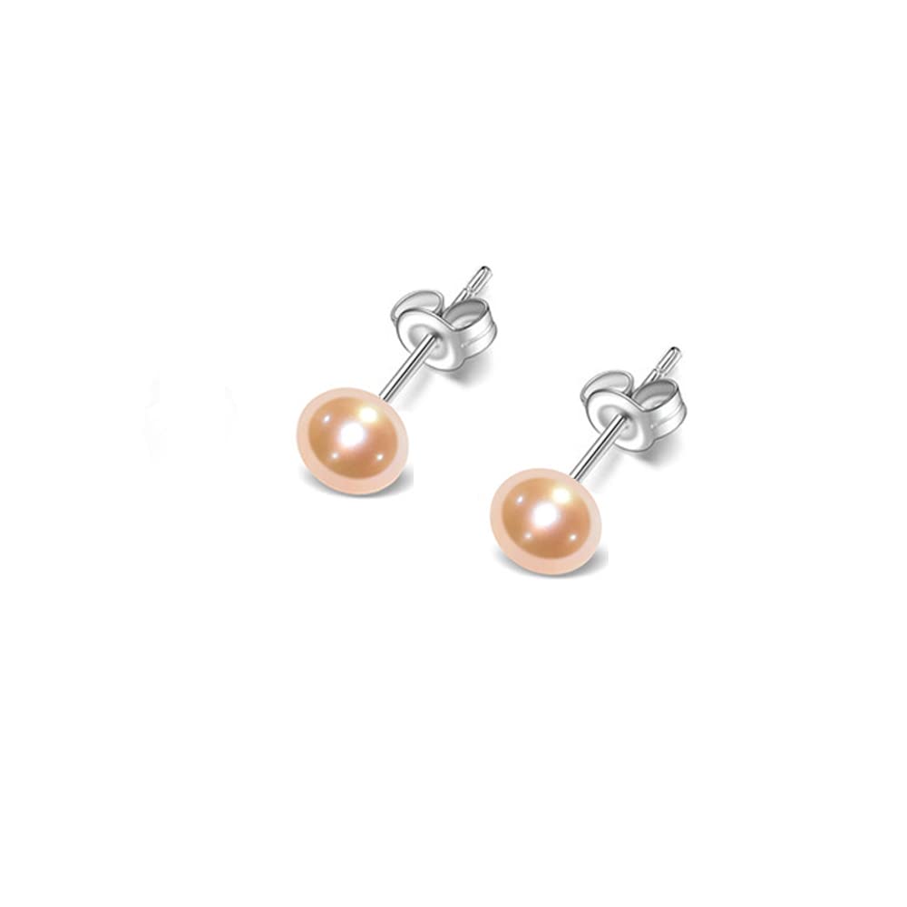 TreasureBay Women's Small Pearl Stud Earrings - Stunning 6mm Freshwater Pearl Stud Earrings With 925 Silver (6MM Pink)