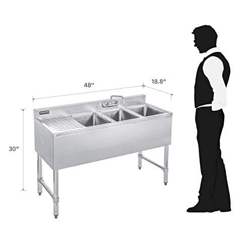 DuraSteel 3 Compartment Stainless Steel Bar Sink with 10" L x 14" W x 10” D Bowl - Underbar Basin - NSF Certified - Left Drainboard, Faucet Included (Restaurant, Kitchen, Hotel, Bar) - Thumbnail 5