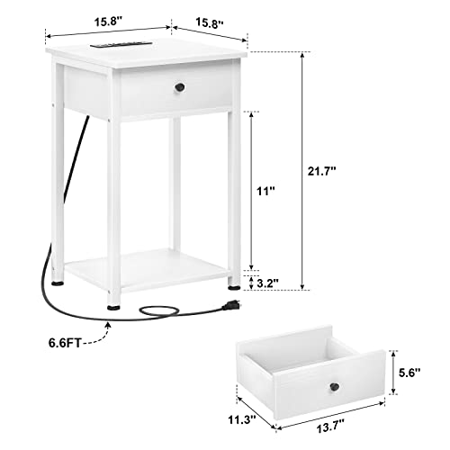Ecoprsio Nightstand with Charging Station, White End Table Side Table