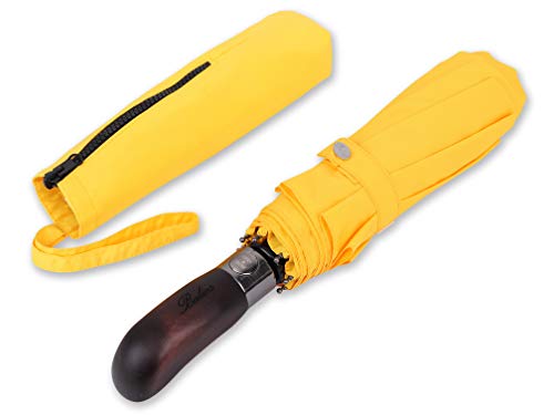 Balios Prestige Travel Umbrella, Real Wood Handle, Auto Open & Close, Vented Windproof Double Canopy, Designed in UK (Bright Yellow with Real Wood Handle) (Best Travel Umbrella Uk)