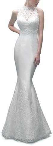 MythLove Women's Trumpet High Neckline Satin Lace Appliques Charming Wedding Dress Lvory 2