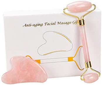 RSkull 2Pcs Jade Roller & Gua Sha Tool Set, Highly Potent, Anti Aging Wrinkle, Facial Massager Therapy, Clears Toxins, Reduces Puffiness,Double Neck Healing Slimming Massager Set
