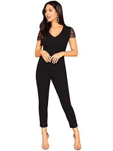 MakeMeChic Women's Casual V Neck Contrast Short Lace Sleeve Solid Skinny Jumpsuit Black M
