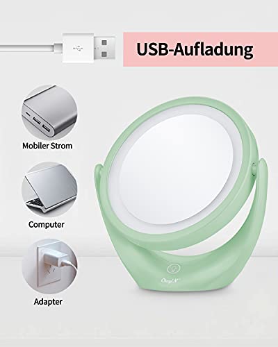 CkeyiN LED Spiegel für Schminkspiegel mit Beleuchtung Doppelseiten 1x / 5X Vergrößerung Kosmetikspiegel,360 °Schwenkbar, USB Aufladbares, Make up Spiegel für Zuhause und Unterwegs (Grün)