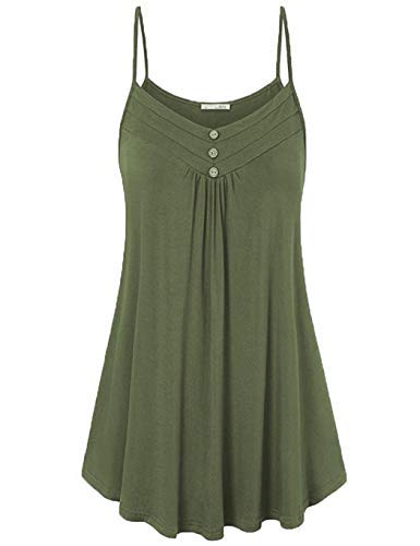 Zippem Women Casual Solid Spaghetti Strap Sleeveless Pleated Shirt Knits & Tees Army Green