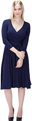 Auditions Women's Wrap Dress A Line Fit and Flare 3/4 Sleeve V Neckline Dress (XL, NAVY)