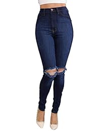 Pantalones vaqueros para dama con cintura alta y puños de reparación, color azul