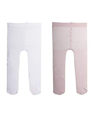 2 Pairs - Baby Girl Plain Microfibre Semi Opaque Pantyhose | Newborn Pantyhose | 40 Den | 3 To 24 Months | Italian Hosiery | (18 MONTHS, 1 PAIR WHITE + 1 PAIR PINK)