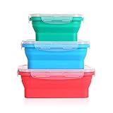 Collapsible silicone food storage containers w/BPA free airtight plastic lids-Set of 3 small and large meal cereal prep container bowl kitchen pantry organization, kids lunch boxes-Microwave & freezer