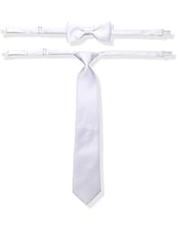 Boys Solid Satin Pre-Tied Long Necktie and Bow #TieSet1 (2T-4T, White)