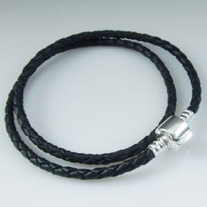 Hoobeads Jewelry Black Leather Champagne Bracelet 925 Sterling Silver Barrel Clasp Bracelet (17.3 inches)