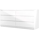 Pemberly Row Modern Contemporary 6 Drawer Wide Double Bedroom Dresser in White High Gloss