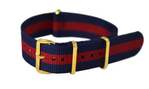 Clockwork Synergy Premium Nylon Nato Watch Straps bands Yellow Gold Hardware (18mm, Navy / Red)