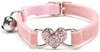 Lolar Cat Kitten Collar Adjustable 8-11" Soft Velvet With Ringling Bell Safe Rhinestone Heart Kitten Collar easy to attach name tag (Pink, heart)