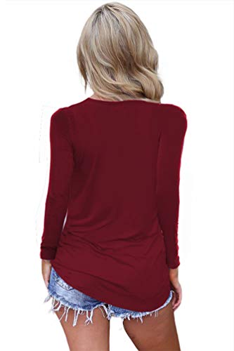 Feiersi Women's Long Sleeve Criss Cross Casual Basic up Blouse Wine Red M