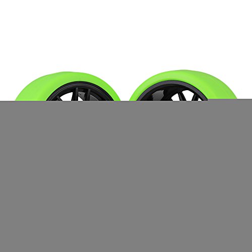 Mxfans Black Plastic 14 Spoke Wheel Rims and Green Drift Smooth Tyres for RC 1:10 On Road Racing Car Set of 4