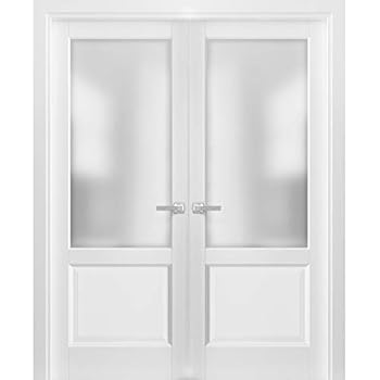French Double Panel Lite Doors 60 x 80 with Hardware | Lucia 22 Matte White with Frosted Opaque Glass | Pre-Hung Panel Frame Trims | Bathroom Bedroom Interior Sturdy Door