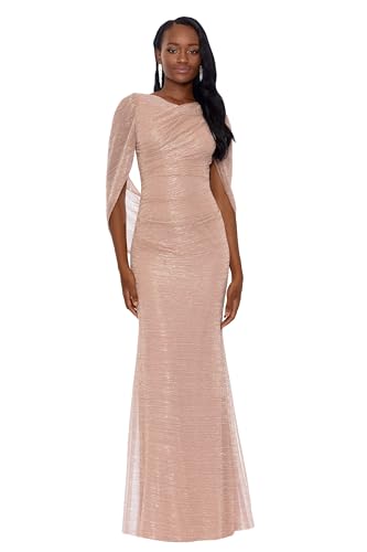 Betsy & Adam Women’s Long Stretchy Metallic 3/4 Sleeve Cowl Neck Drape Back Formal Dress, Champagne