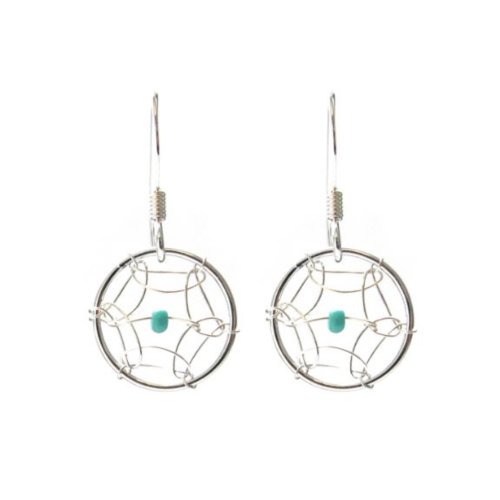 Dream Catcher Sterling Silver Turquoise Imitation Very Small Tiny Hook Earrings