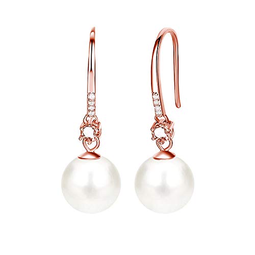 JORA Pearl Drop Earrings Rose Gold Plated Cubic Zirconia 11mm Simulated Pearl Dangle Earrings for Women Wedding Jewelry