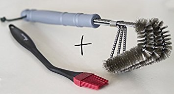 BBQ Grill Cleaning Brush 18 Inch 3-1 Stainless Steel Front Angled Up SAFE On All Grills Grates Includes BBQ Basting Brush