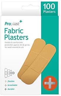 Fabric Plasters - Pack of 100 Assorted Sizes - Strong Adhesive Containing Latex for Secure Flexible, and Comfortable Protection