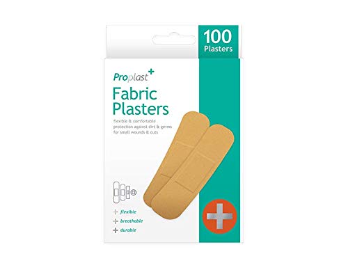 Fabric Plasters – Pack of 100 Assorted Sizes - Strong Adhesive Containing Latex for Secure, Flexible, and Comfortable Protection