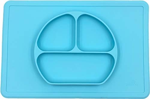 Silikong Suction Placemat and Plate for Toddlers | BPA Free | Microwave, Dishwasher and Oven Safe | One-Piece Stay Put Divided Feeding Dishes for Babies, Kids and Infants (Blue XL)
